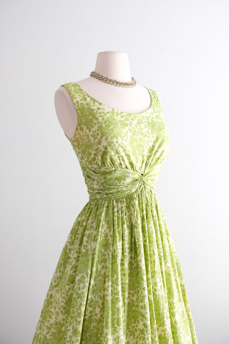 Stunning 1950's Bartlett Green Rose Print Cotton Dress / Small