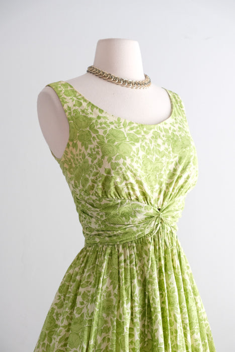 Stunning 1950's Bartlett Green Rose Print Cotton Dress / Small