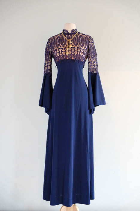 Vintage 1960’s Midnight Navy Illusion Lace Evening Gown by Lilli Diamond / M