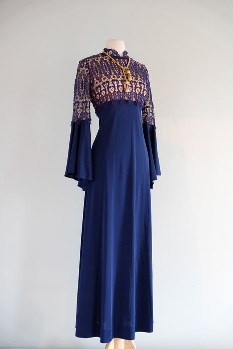 Vintage 1960’s Midnight Navy Illusion Lace Evening Gown by Lilli Diamond / M