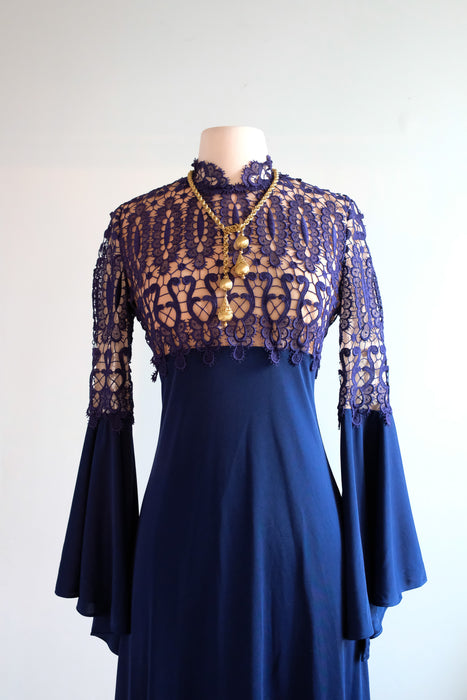 Vintage 1960’s Midnight Navy Illusion Lace Evening Gown by Lilli Diamond / M