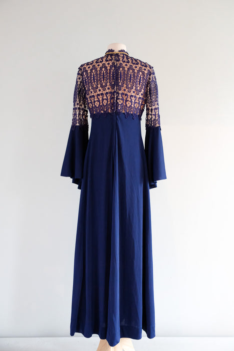 Vintage 1960’s Midnight Navy Illusion Lace Evening Gown by Lilli Diamond / M