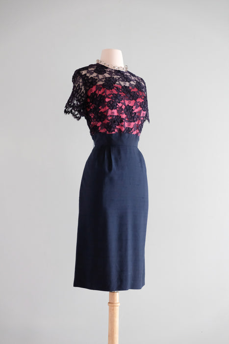 Fabulous 1960's Navy & Hot Pink Soutache Lace Silk Cocktail Dress / Sz M