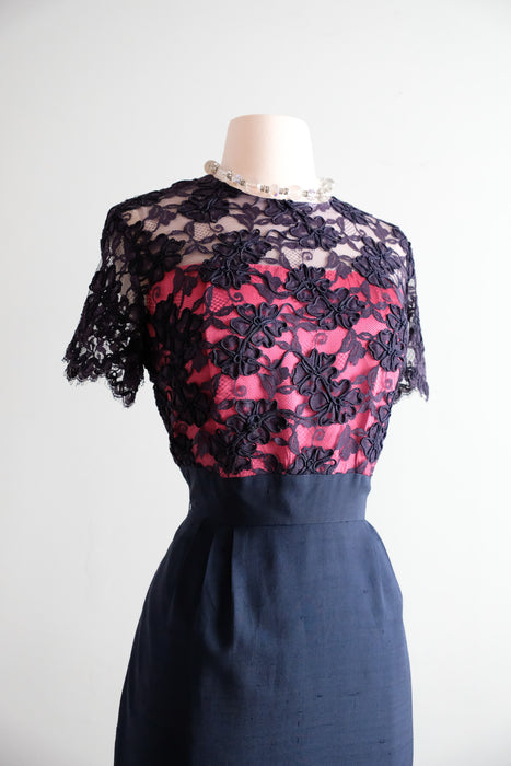Fabulous 1960's Navy & Hot Pink Soutache Lace Silk Cocktail Dress / Sz M