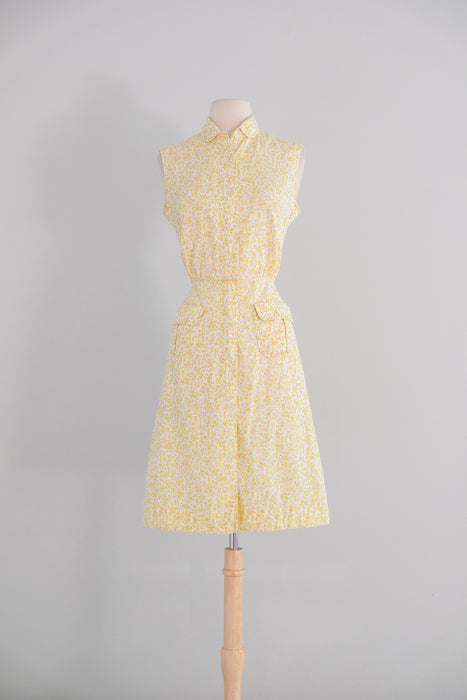 Vintage 1960's Yellow & Ivory Penguin Print Cotton Sundress / S