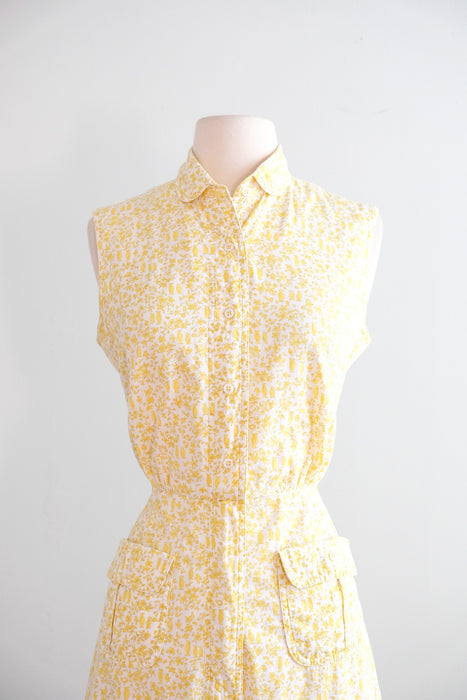 Vintage 1960's Yellow & Ivory Penguin Print Cotton Sundress / S