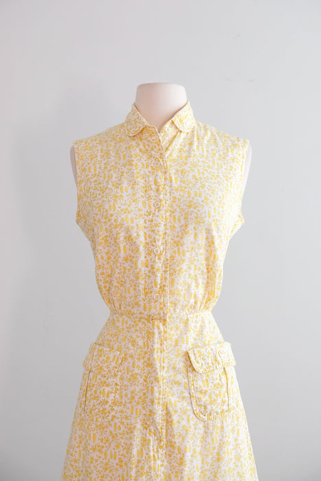 Vintage 1960's Yellow & Ivory Penguin Print Cotton Sundress / S