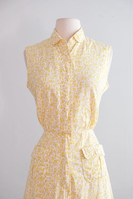 Vintage 1960's Yellow & Ivory Penguin Print Cotton Sundress / S