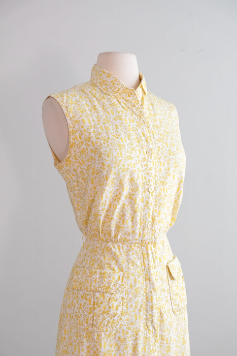 Vintage 1960's Yellow & Ivory Penguin Print Cotton Sundress / S