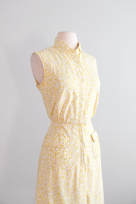 Vintage 1960's Yellow & Ivory Penguin Print Cotton Sundress / S