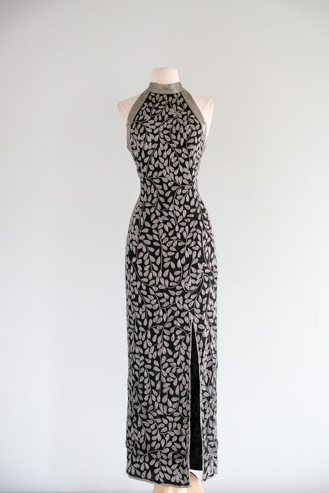 Vintage 1990's Black & Silver Sequin Gown by Brilliante  / M