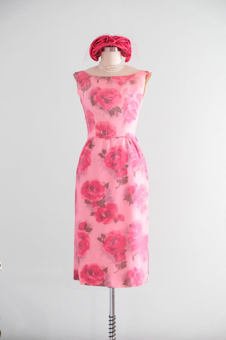 Vintage Audrey Early 1960's Floral Chiffon Pink Party Dress With Bow Back / XXS