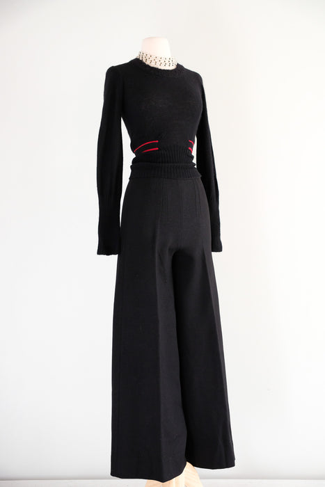 Vintage 1970's Sonia Rykiel Black & Red Wool Two Piece Pant & Sweater Set / Small