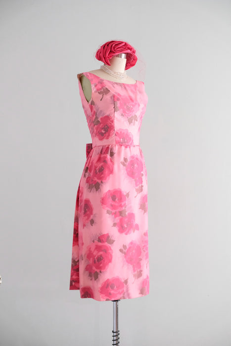 Vintage Audrey Early 1960's Floral Chiffon Pink Party Dress With Bow Back / XXS