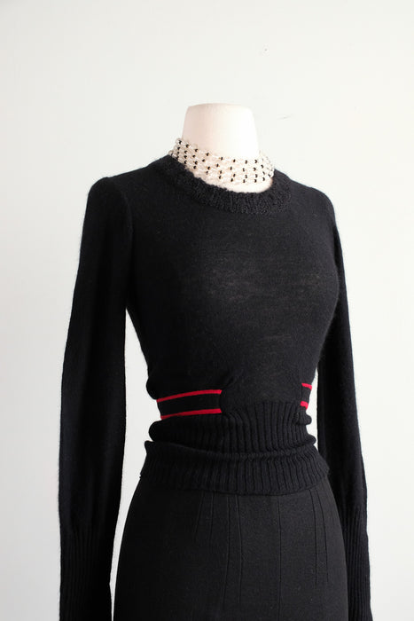 Vintage 1970's Sonia Rykiel Black & Red Wool Two Piece Pant & Sweater Set / Small