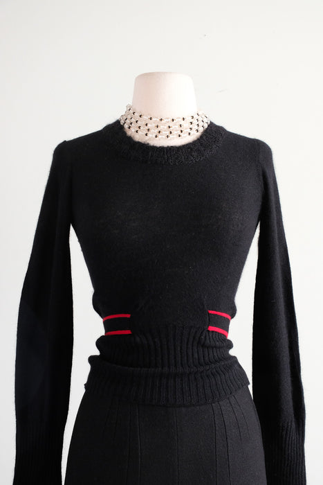 Vintage 1970's Sonia Rykiel Black & Red Wool Two Piece Pant & Sweater Set / Small