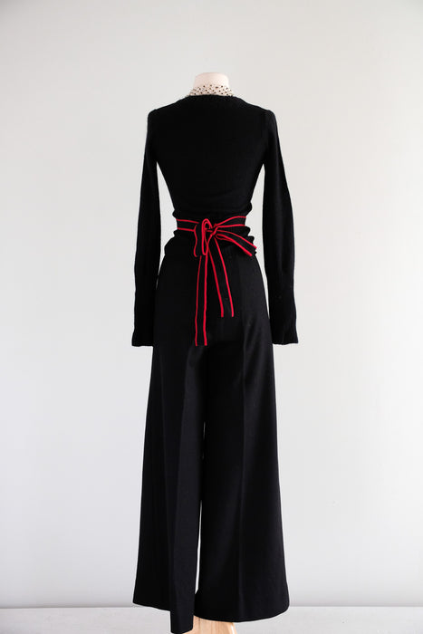 Vintage 1970's Sonia Rykiel Black & Red Wool Two Piece Pant & Sweater Set / Small