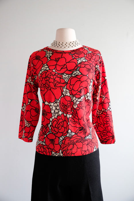 Vintage 1960’s Red Floral Wool Knit Top by Mirsa for Mallory / Medium