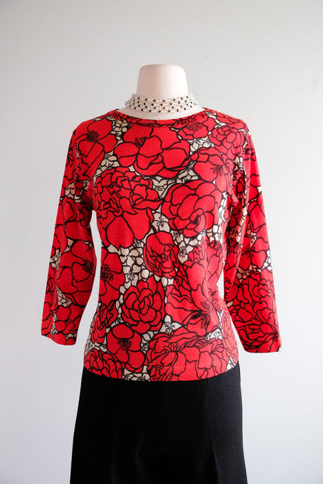 Vintage 1960’s Red Floral Wool Knit Top by Mirsa for Mallory / Medium