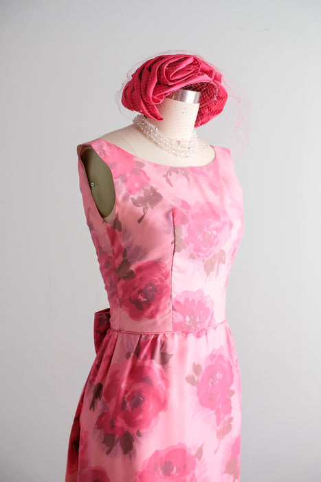 Vintage Audrey Early 1960's Floral Chiffon Pink Party Dress With Bow Back / XXS