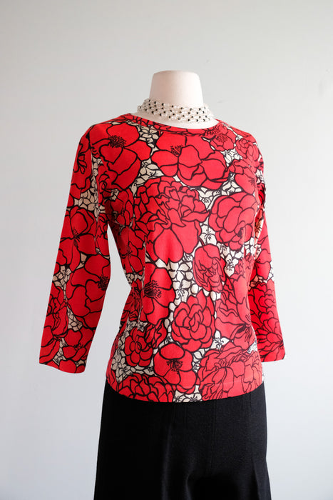 Vintage 1960’s Red Floral Wool Knit Top by Mirsa for Mallory / Medium