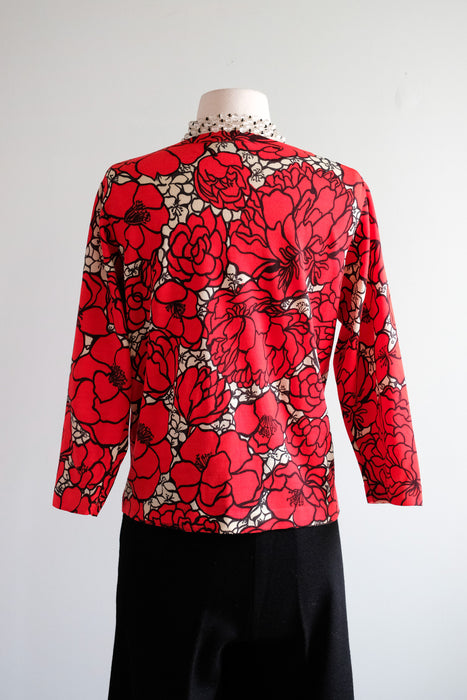 Vintage 1960’s Red Floral Wool Knit Top by Mirsa for Mallory / Medium