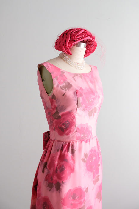 Vintage Audrey Early 1960's Floral Chiffon Pink Party Dress With Bow Back / XXS