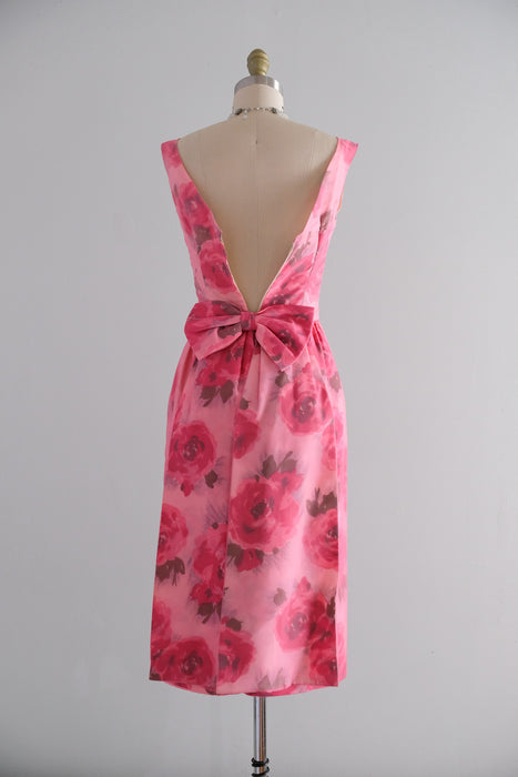 Vintage Audrey Early 1960's Floral Chiffon Pink Party Dress With Bow Back / XXS