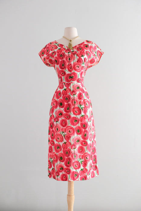 Fabulous Late 50's Pink & Red Abstract Rose Print Silk Dress / SM
