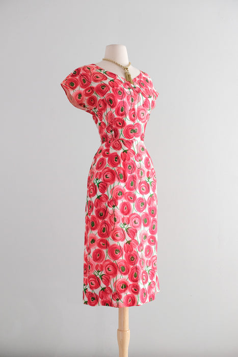 Fabulous Late 50's Pink & Red Abstract Rose Print Silk Dress / SM