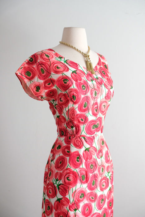 Fabulous Late 50's Pink & Red Abstract Rose Print Silk Dress / SM