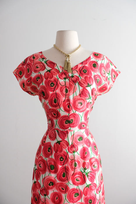 Fabulous Late 50's Pink & Red Abstract Rose Print Silk Dress / SM