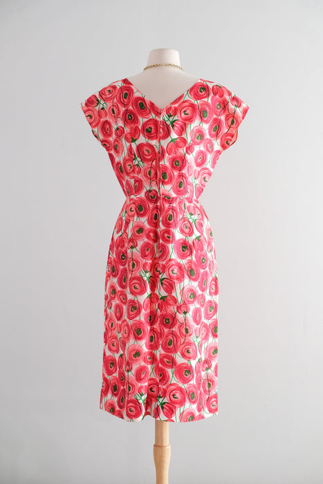 Fabulous Late 50's Pink & Red Abstract Rose Print Silk Dress / SM