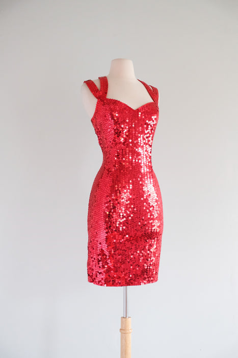 Vintage 1990's Ruby Red Sequin Party Dress by Niteline / M Vintage 1990's Ruby Red Sequin Party Dress by Niteline / M