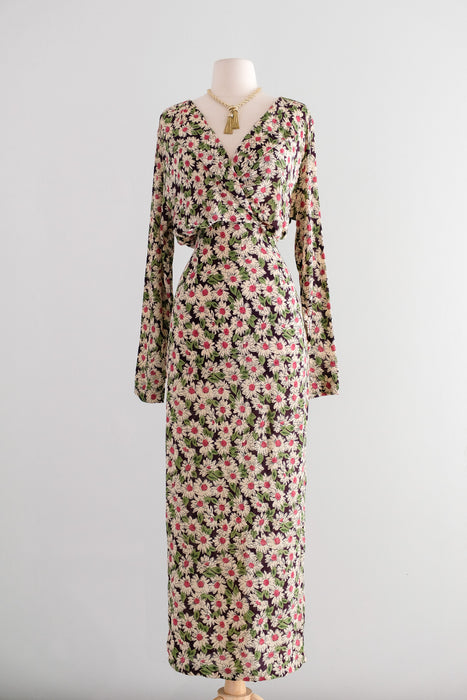 Vintage 1990's Daisy Floral Midi Length Rayon Dress by Rapture / ML