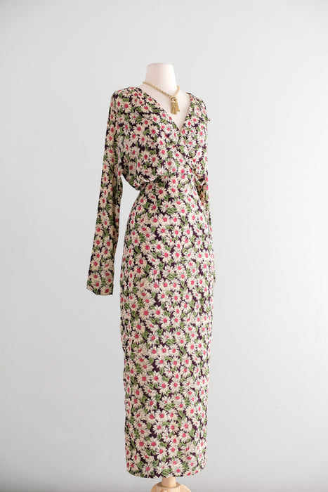 Vintage 1990's Daisy Floral Midi Length Rayon Dress by Rapture / ML