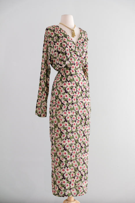 Vintage 1990's Daisy Floral Midi Length Rayon Dress by Rapture / ML