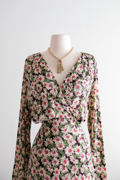 Vintage 1990's Daisy Floral Midi Length Rayon Dress by Rapture / ML
