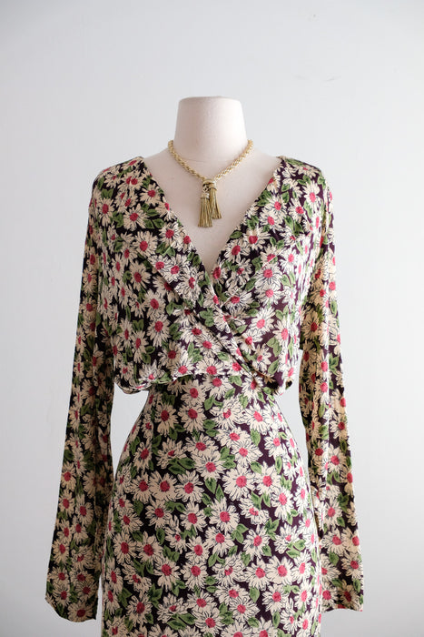 Vintage 1990's Daisy Floral Midi Length Rayon Dress by Rapture / ML