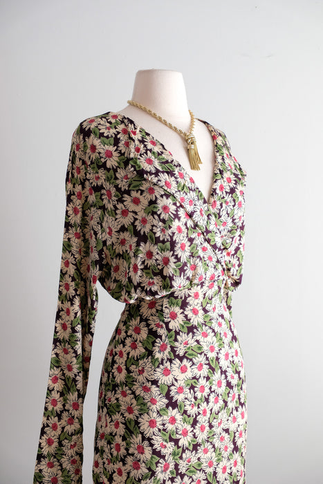 Vintage 1990's Daisy Floral Midi Length Rayon Dress by Rapture / ML