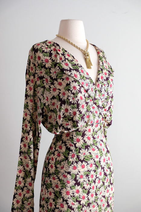 Vintage 1990's Daisy Floral Midi Length Rayon Dress by Rapture / ML