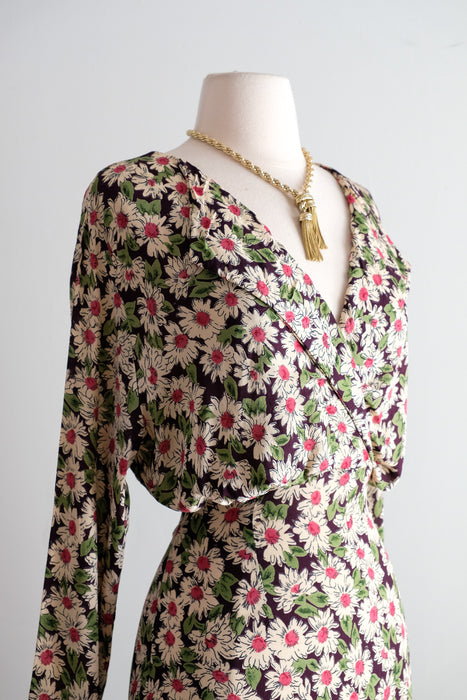Vintage 1990's Daisy Floral Midi Length Rayon Dress by Rapture / ML