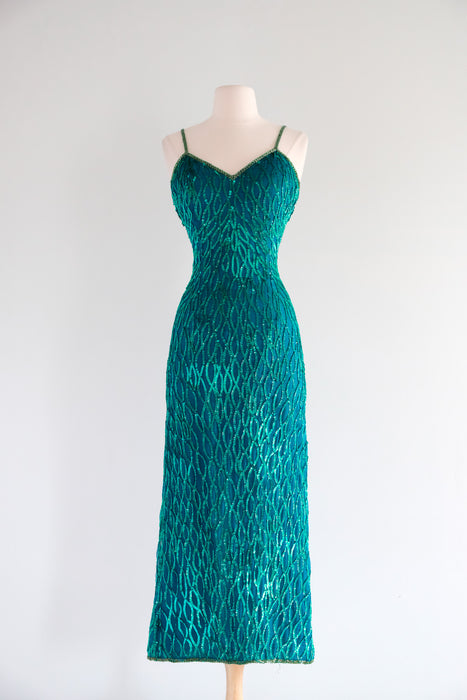 Vintage 1980's Emerald Sequin Gown by Laurence Kazar / S