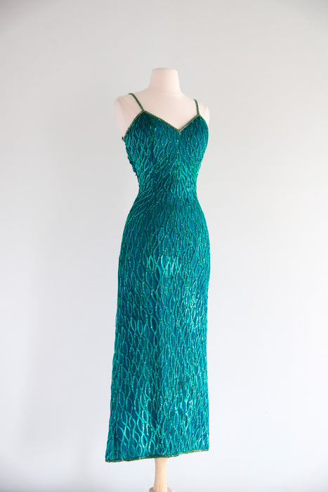 Vintage 1980's Emerald Sequin Gown by Laurence Kazar / S