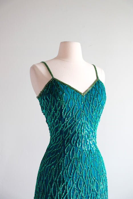 Vintage 1980's Emerald Sequin Gown by Laurence Kazar / S