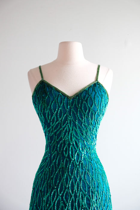 Vintage 1980's Emerald Sequin Gown by Laurence Kazar / S