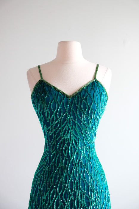 Vintage 1980's Emerald Sequin Gown by Laurence Kazar / S