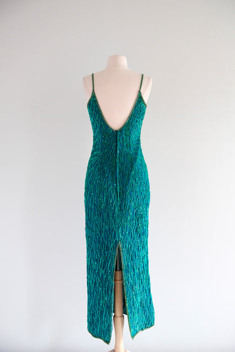 Vintage 1980's Emerald Sequin Gown by Laurence Kazar / S