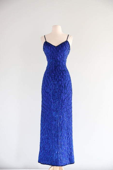 Vintage 1980's Sapphire Blue Sequin Gown by Laurence Kazar / SM