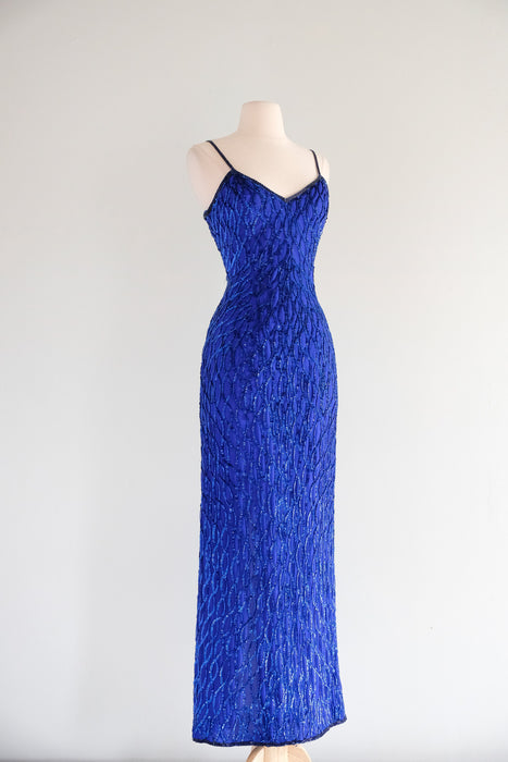 Vintage 1980's Sapphire Blue Sequin Gown by Laurence Kazar / SM